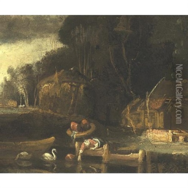 Landscape With A Farm Oil Painting -  Rembrandt van Rijn