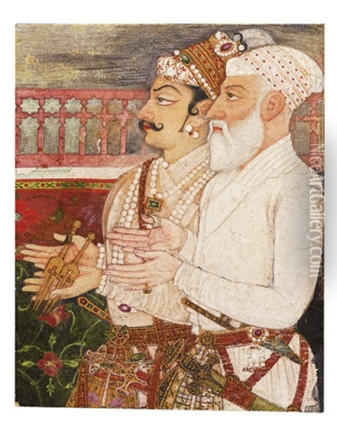 Man Singh With Khan Jahan Koka Presenting The Keys Of Daulatabad Fortress To Emperor Aurangzeb (a Fragment) Oil Painting -  Bhavanidas
