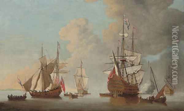 The flagship Royal Sovereign firing a salute at the Nore with other warships and Admiralty yachts in attendance Oil Painting - Cornelis van de Velde