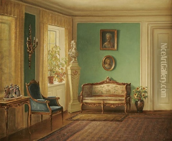 A Sunlit Interior Scene Of A Drawing Room Oil Painting - Hans Hilsoe