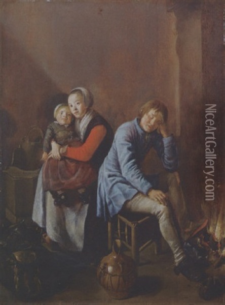 A Youth Asleep, And A Young Mother And Her Child At A Fireside In An Interior Oil Painting - Judith Leyster