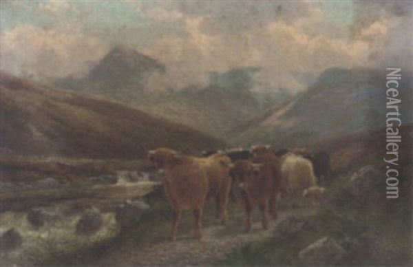 Highland Cattle By The Beauly River, Invernesshire Oil Painting - Albert Dunington