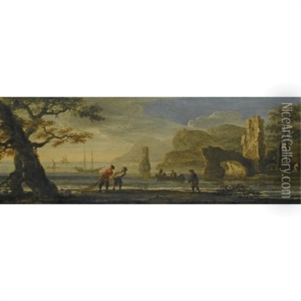 An Italianate Coastal Landscape With Fishermen Hauling In Their Nets Oil Painting - Jan de Momper