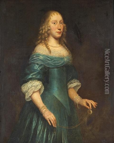 A Portrait Of A Lady, 
Three-quarter Length, Standing, Wearing A Blue Gown And Holding A Watch Oil Painting - Sir Anthony Van Dyck