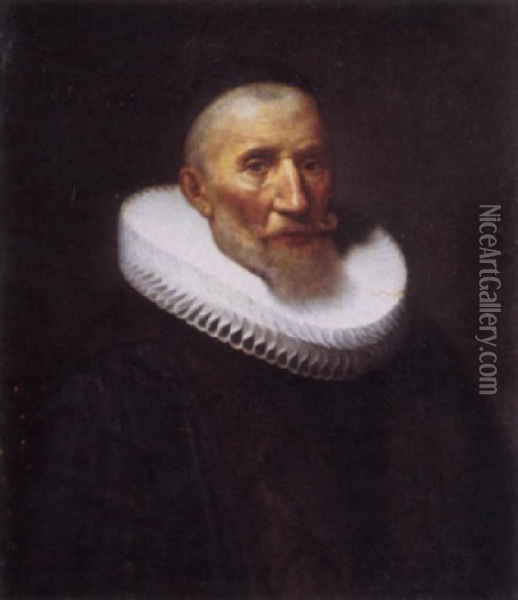 Portrait Of A Man In A Doctoral Gown Trimmed With Fur, A White Ruff And A Black Skull Cap Oil Painting - Michiel Janszoon van Mierevelt