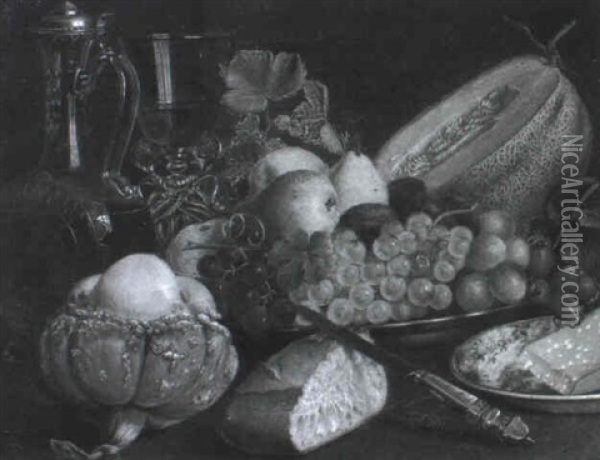 Stilleben Mit Fruchten, Brot, K,se, Glas Und Karaffe Oil Painting - Rudolf Braun