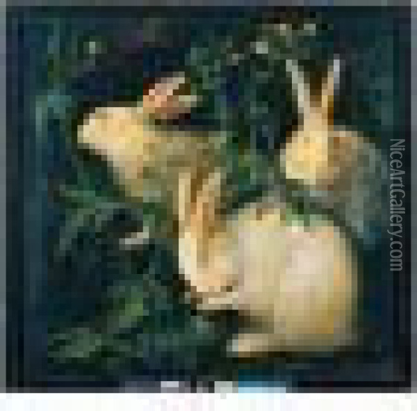 Three Rabbits In A Landscape Oil Painting - Frans Werner Von Tamm