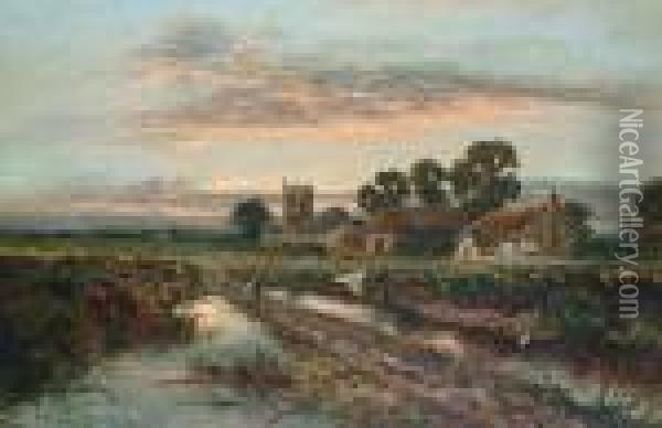 Sunset Over The Village 'd Sherrin' (lower Left) Oil Painting - Daniel Sherrin