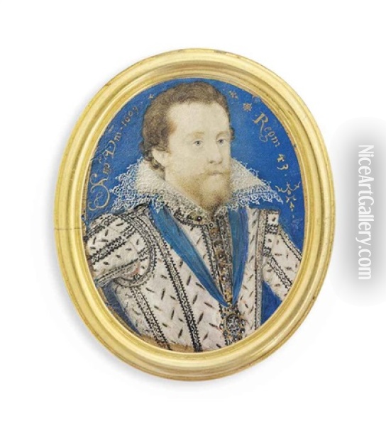 King James I Of England And Vi Of Scotland (1566-1625), In White Doublet, Slashed On Bodice And Sleeves To Reveal Black, Jewel-set Gold Buttons Oil Painting - Nicholas Hilliard