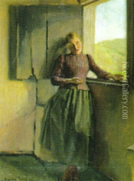 Singende Junge Frau Am Fenster Oil Painting - Jean Georges Ferry