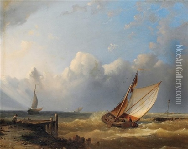 Segelboote Bei Steifer Brise Vor Der Kuste Oil Painting - Hermann Eschke