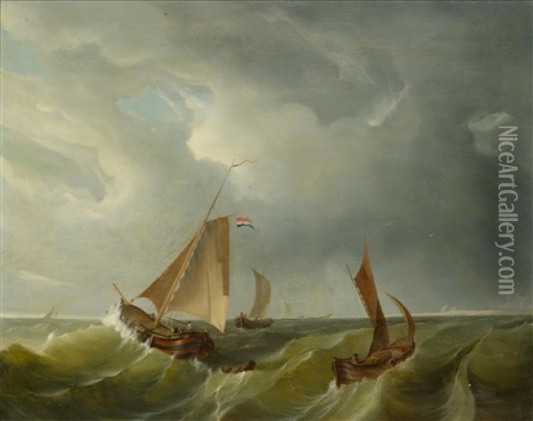 Marine Scene With Ships On The High Sea Oil Painting - Johannes Hermanus Barend Koekkoek