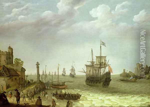 Settlement on a rocky shore with the Dutch fleet approaching, 1640 Oil Painting - Abraham Willaerts