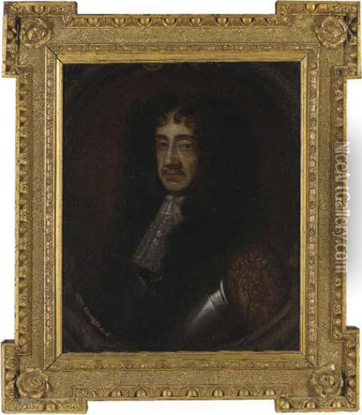 Portrait Of King Charles Ii 
(1630-1685), Quarter-length, In Armourand A Jabot, In A Sculpted 
Cartouche Oil Painting - Sir Peter Lely