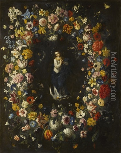 A Garland Of Flowers With The Immaculate Conception Oil Painting - Giovanni Stanchi