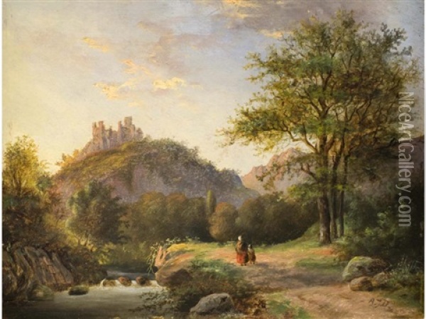 Sommerliche Landschaft Mit Burgruine Und Einem Figurenpaar Oil Painting - Alexander Joseph Daiwaille