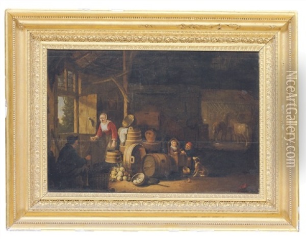 The Interior Of A Stable, With A Peasant Family Oil Painting - Egbert Lievensz van der Poel
