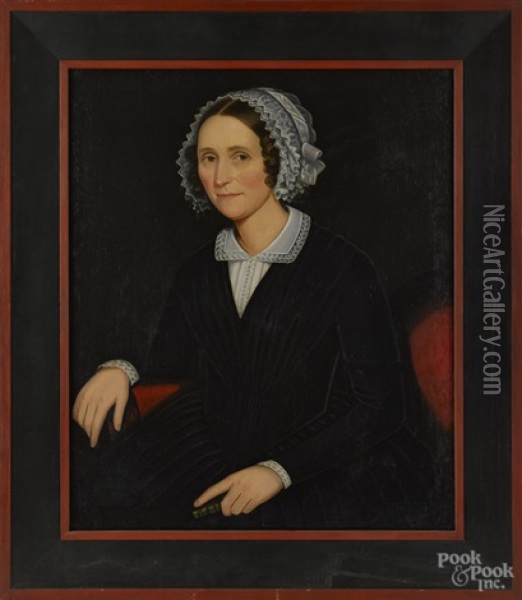 Portrait Of A Woman With A White Lace Bonnet And A Black Dress Oil Painting - Ammi Phillips