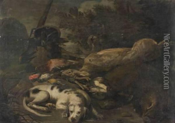 (olanda 1609-1661)
 Cane A Guardia Del Trofeo Di Caccia Nel Bosco Oil Painting - Jan Fyt