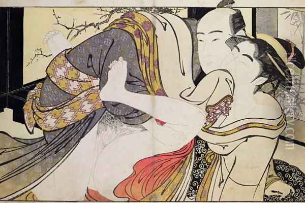 Lovers from the Poem of the Pillow Oil Painting - Kitagawa Utamaro