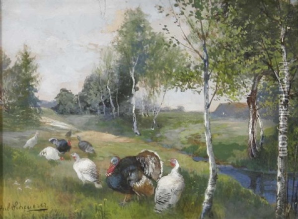 Huhner Bei Einem Hof (+ Truthahne An Einem Bachlauf; 2 Works) Oil Painting - Julius Scheuerer