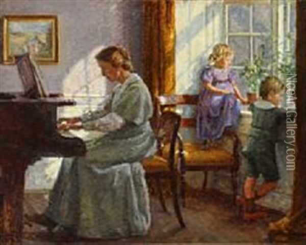 Interior With A Mother And Her Children Oil Painting - Sigurd Wandel
