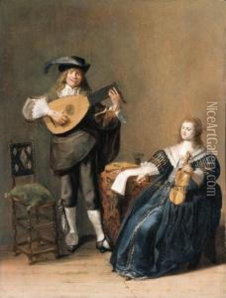 An Allegory Of Love: A Young Man Playing A Lute And A Young Womanplaying A Violin Oil Painting - Dirck Hals