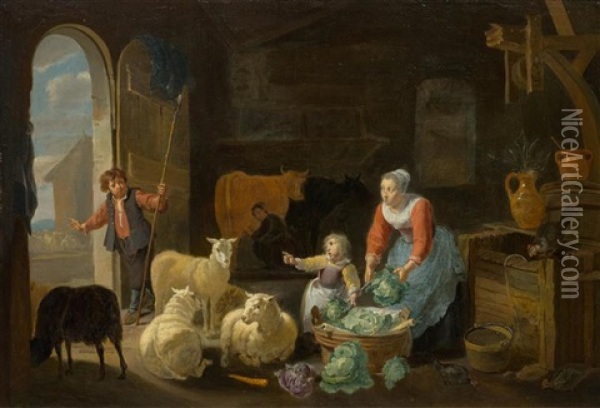 Stable Interior With A Maid And Two Children Oil Painting - Willem van Herp the Elder