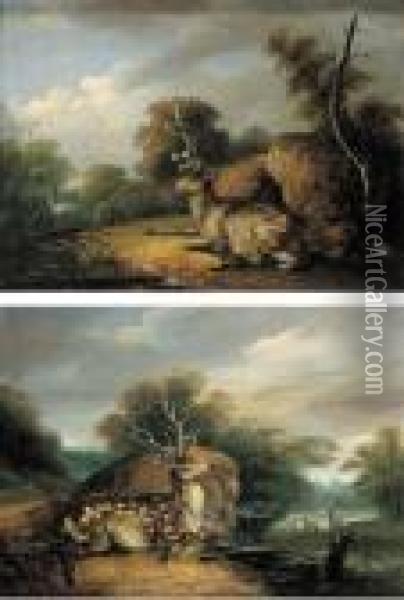 Deer Resting In A Wooded Landscapes Oil Painting - Johann Elias Ridinger or Riedinger