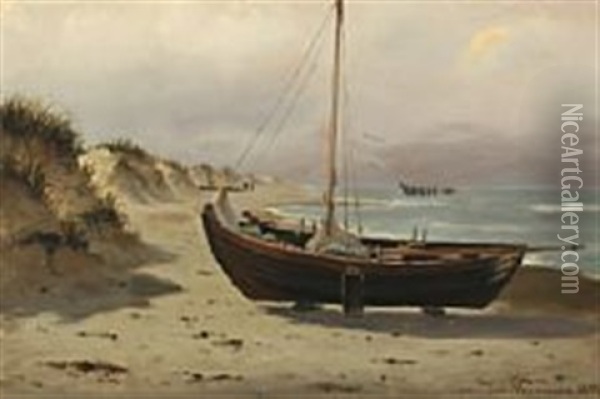 Coastal Scene With Fishing Boat Oil Painting - Johan Jens Neumann