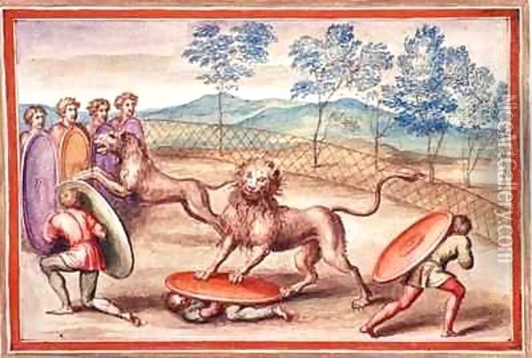 Ms Gen 1496 f.18 Lion taming Oil Painting - Pietro Santi Bartoli