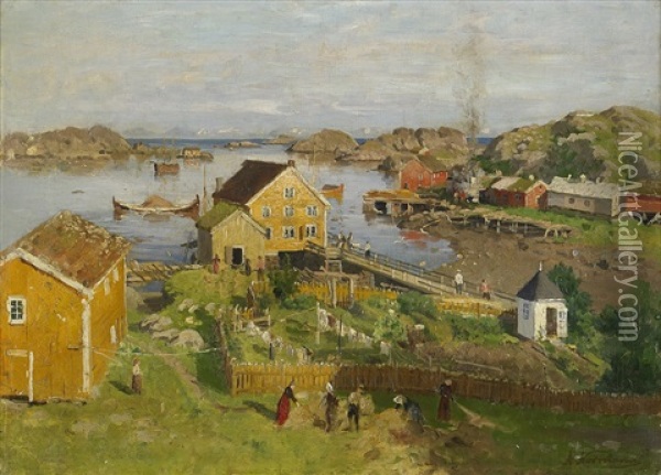 Small Town By The Fjord Oil Painting - Adelsteen Normann