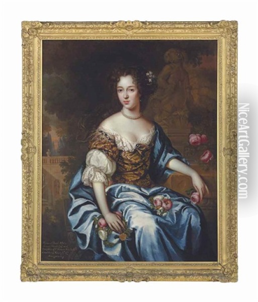 Portrait Of Margaret Brooke (1618-1673), Nee Neville, Three-quarter-length, In A Gold-embroidered Brown Dress With Lace Trim And Blue Cloak, Holding Peonies In An Ornamental Garden Oil Painting - Henri Gascars