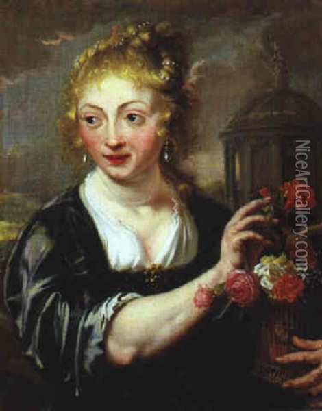Blonde Junge Frau Mit Blumenkorb Oil Painting - Jan Boeckhorst