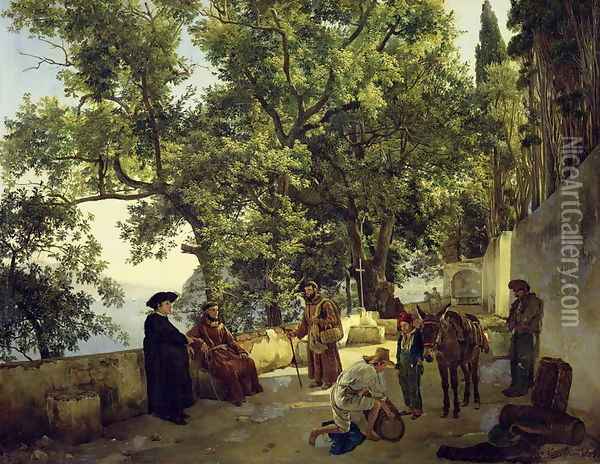 Verandah beside the Sea Shore, Cappucin Monks in the Suburbs of Sorrento, 1827 Oil Painting - Sylvester F. Shedrin