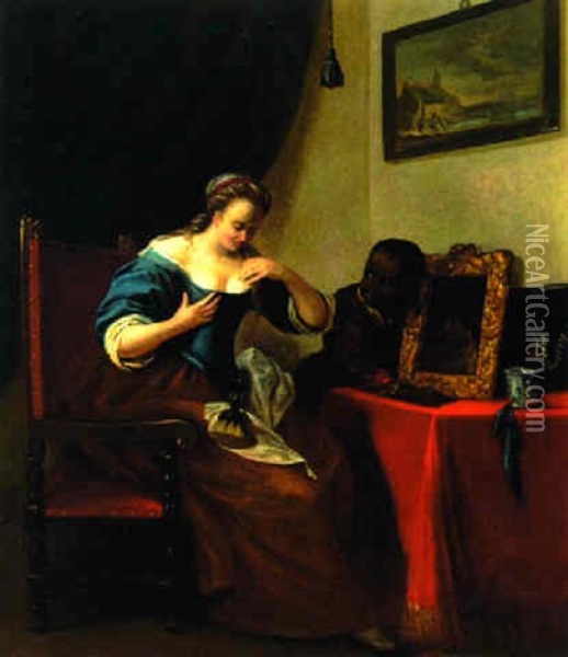 A Lady At Her Toilet With A Servant Holding A Mirror Oil Painting - Jacob Ochtervelt