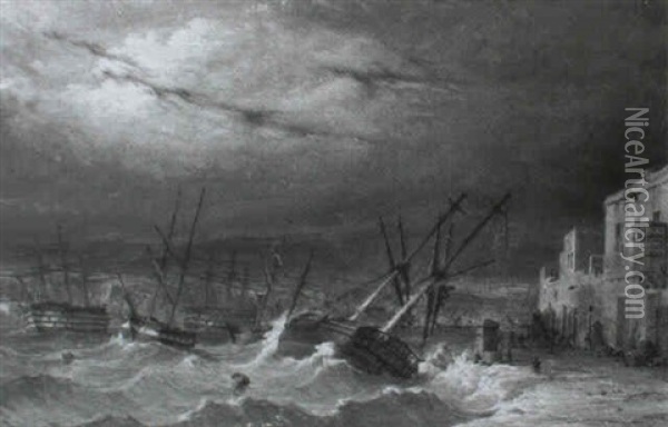 Ships In Stormy Waters Off A Port Oil Painting - Nicholas Matthew Condy