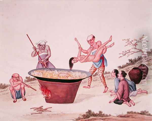Plunging a woman into boiling water Oil Painting - Anonymous Artist
