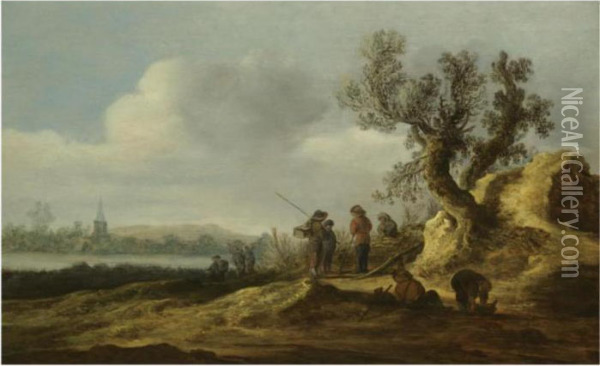 A River Landscape With Figures Conversing Beneath A Tree Oil Painting - Jan van Goyen
