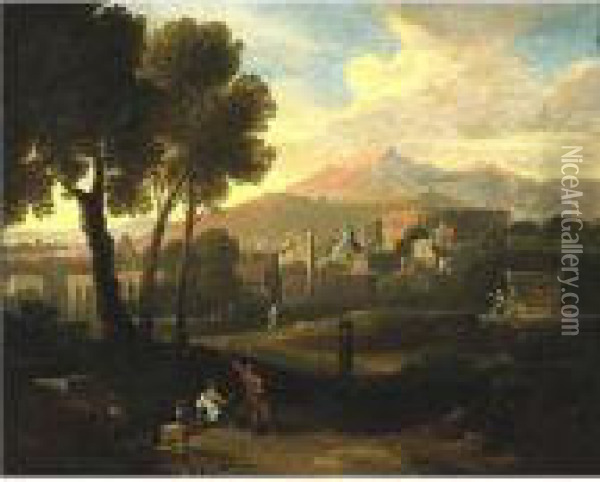 Figures In A Landscape Oil Painting - Gaspard Dughet Poussin