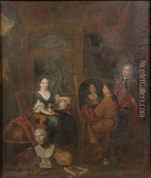 An Artist In His Studio With An Elegant Lady Sitting For Her Portrait Oil Painting - Balthazar Van Den Bossche