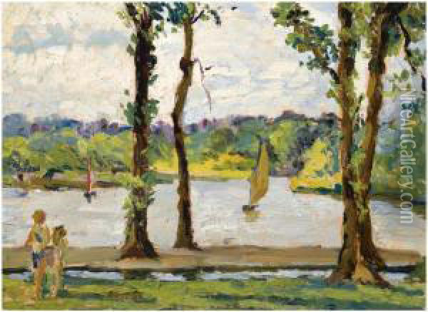 Sailing Boats On A Lake; The Bridge; Haystacks; The Statue Oil Painting - Alexander Jamieson