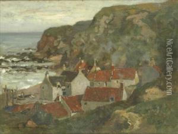 View Of A Harbour Village Oil Painting - James Whitelaw Hamilton