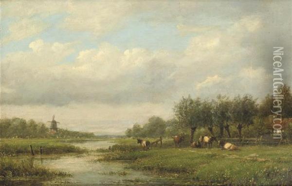 Cattle Grazing In A Meadow Oil Painting - Lodewijk Johannes Kleijn