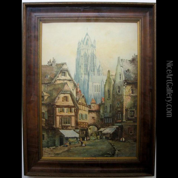 European Street Scene With Cathedral Oil Painting - Rhoda La Marsh
