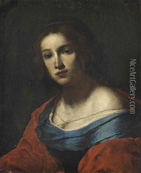 Portrait Of A Lady, Bust-length, In A Blue Dress And Red Wrap Oil Painting - Giovanni Martinelli