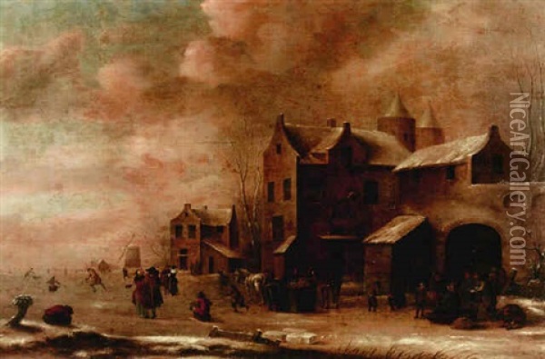 A Winter Landscape With A Fortified Building And Figures On The Ice Oil Painting - Thomas Heeremans