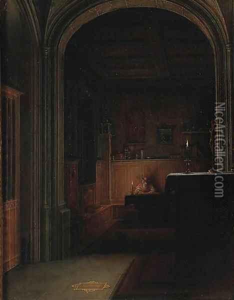 Saint Jerome writing by candlelight in a gothic chapel Oil Painting - Hendrick van, the Younger Steenwyck