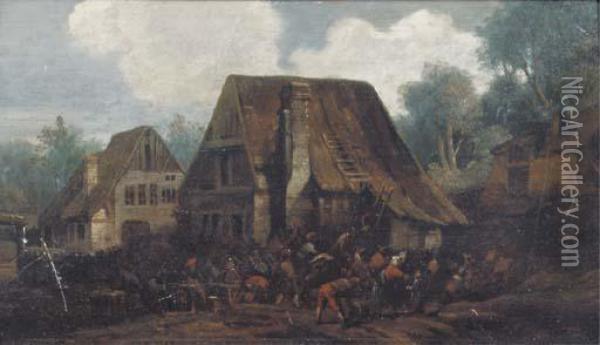 Peasants At Work Nearby A Farmhouse, With Others Merry Making In Avillage Street Oil Painting - Egbert van der Poel