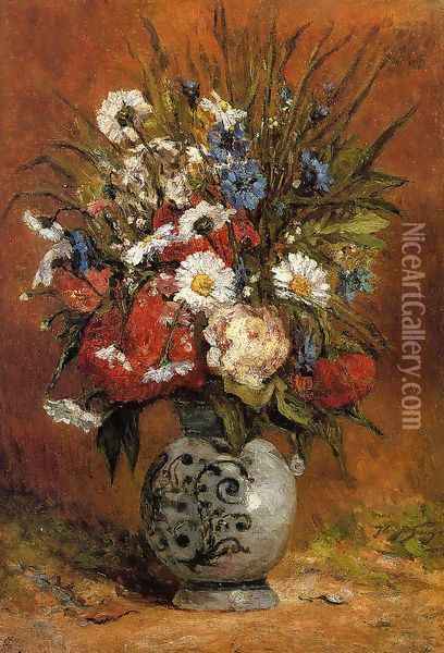 Daisies And Peonies In A Blue Vase Oil Painting - Paul Gauguin